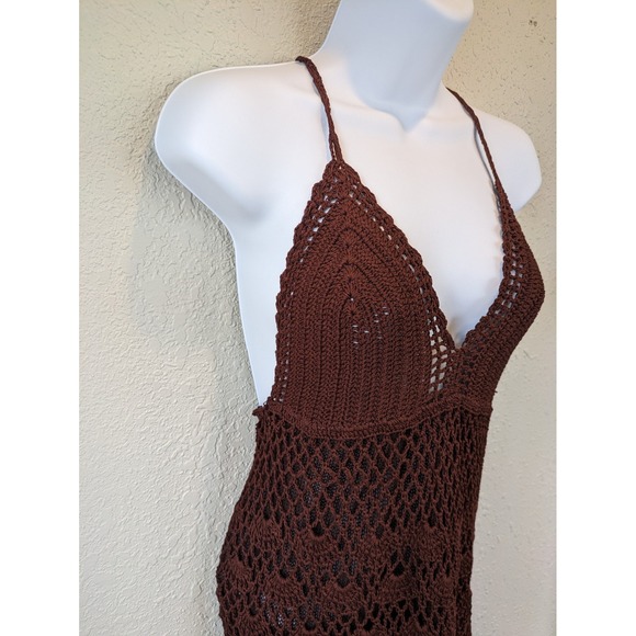 Boho Crochet Babydoll Dress Halter SMALL brown Lined Fit Flare Stretch Milkmaid - Picture 2 of 7